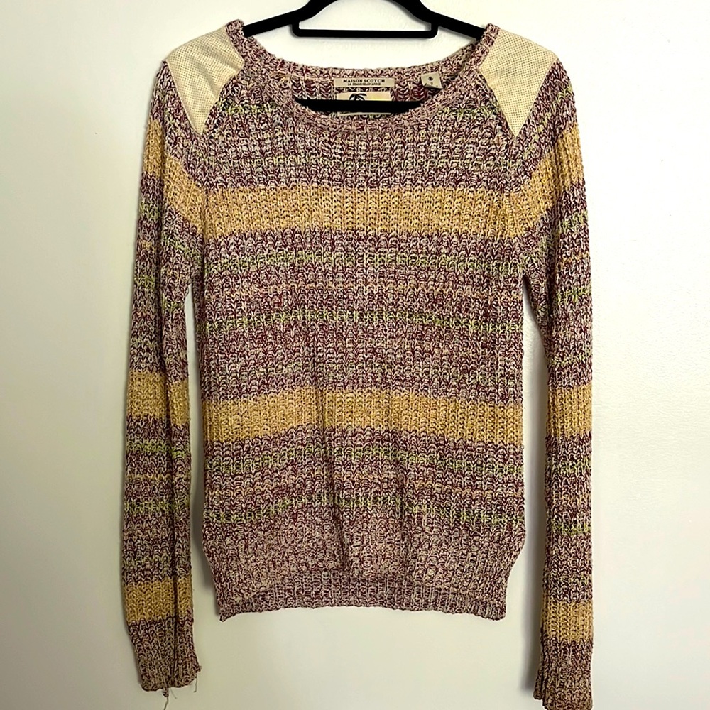 Scotch and Soda Striped Knit Crewneck Sweater with Leather Shoulder Panels